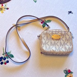 Michael Kors White & Beige Monogram Jet Set Mini Crossbody